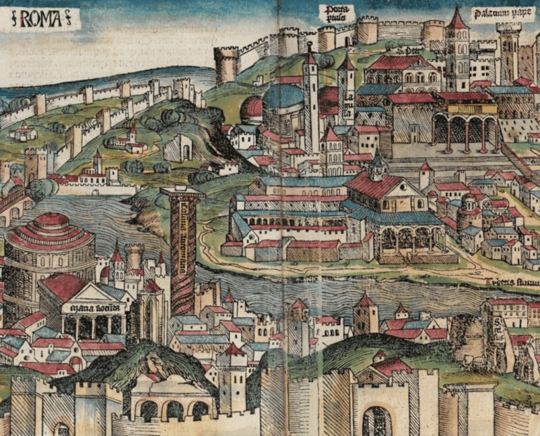 A colorful medieval illustration of Rome showing detailed buildings, city walls, towers, the Pantheon, and hills, with the Tiber River winding through the city. Ancient Roman and medieval architecture is depicted throughout.