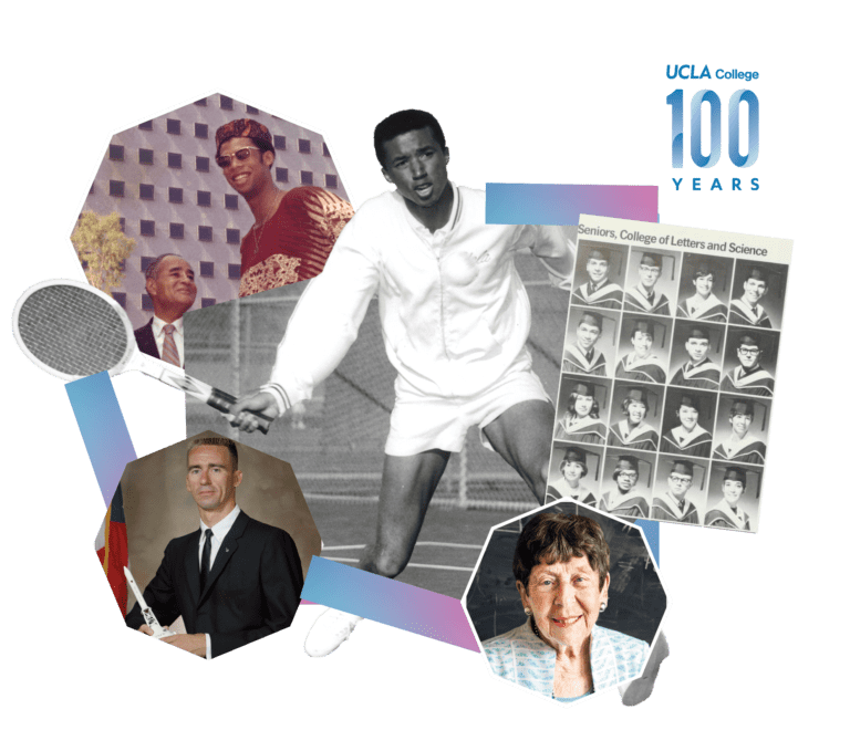Collage featuring a tennis player, a man in a cap and gown, a group graduation photo, an older woman smiling, a man in a suit, and the UCLA College 100 Years logo on a light background.