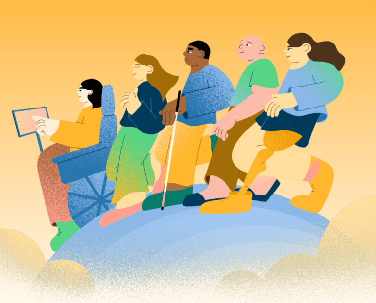 Five diverse people, some with visible disabilities including a wheelchair and prosthetic leg, sit together on a globe against a warm yellow background, symbolizing inclusion and unity.