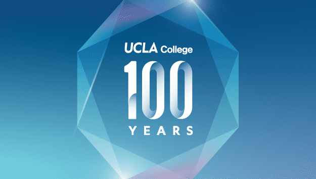 UCLA College 100 Years logo on a blue geometric background, with white text celebrating the colleges centennial anniversary.