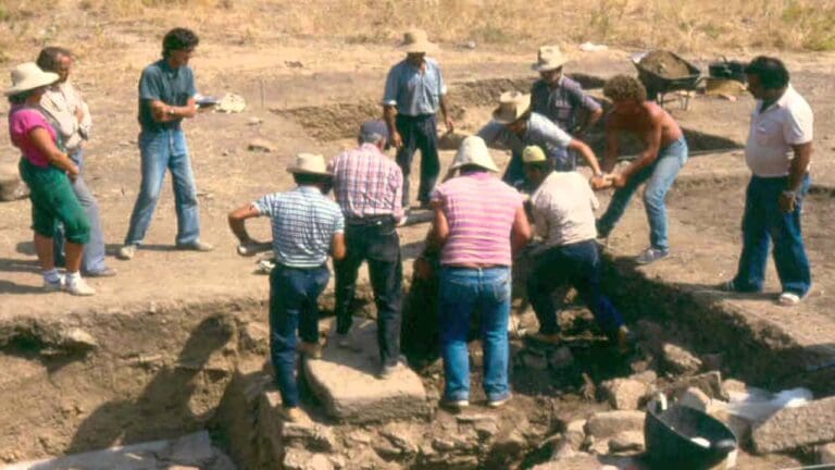 A group of people wearing hats and casual clothes stand around and work at an archaeological excavation site, digging and examining the ground under a sunny sky.
