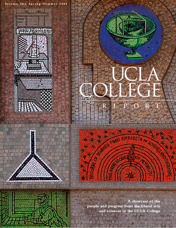 Mosaic artwork featuring various scientific and artistic symbols with the text UCLA College Report and A showcase of the people and progress from the liberal arts and sciences in the UCLA College.
