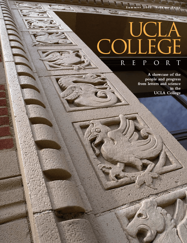 Close-up view of a stone building facade with decorative carvings of animals and mythical creatures, with the text “UCLA College Report” and a description about showcasing people and progress in UCLA College.