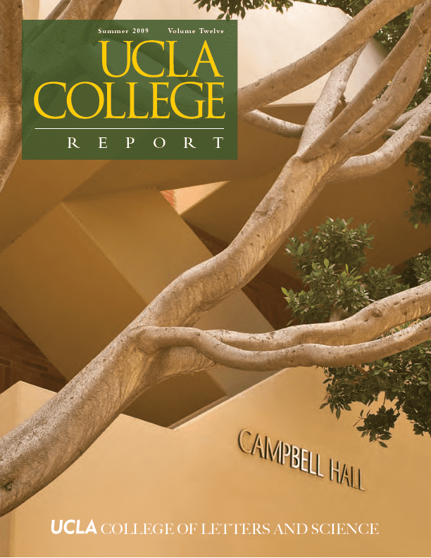 A large tree with spreading branches stands in front of the beige exterior of Campbell Hall at UCLA, with the UCLA College Report magazine title overlaid at the top.