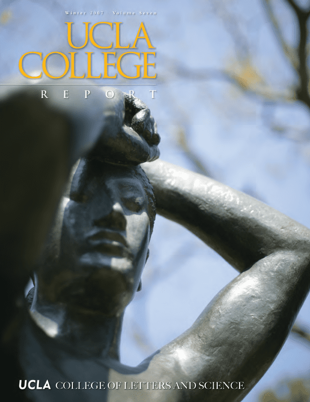 A close-up view of a bronze statue of a person with arms raised over their head, featured on the cover of the UCLA College Report. Blurred tree branches are visible in the background.