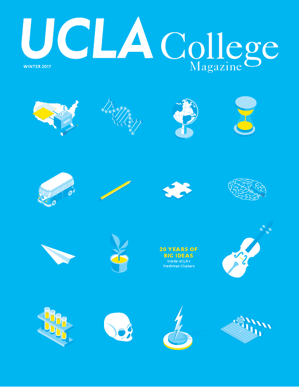Cover of UCLA College Magazine Winter 2017, featuring the title in large white text and various white and yellow icons like a DNA strand, hourglass, violin, test tubes, skull, and puzzle piece against a blue background.
