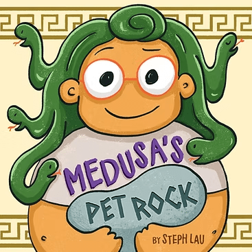 Cartoon of a smiling person with green snake hair, wearing glasses and holding a gray rock labeled PET ROCK. The person’s shirt says “MEDUSAS.” Greek-style patterns border the image. Text at bottom: By Steph Lau.
