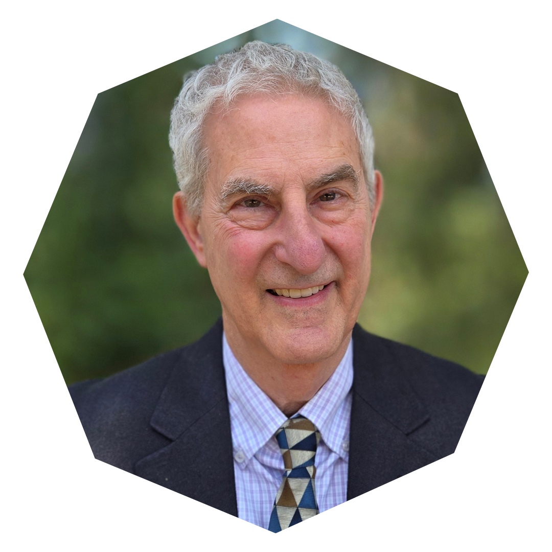 David Blank in a blue suit, a white shirt and a tie with blue and yellow triangle patterns. The photo is framed in an eight-sided molecule.