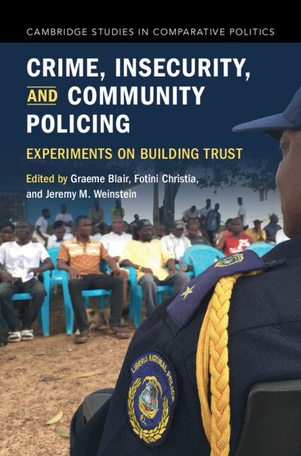 Book cover of Crime, Insecurity, and Community Policing shows a uniformed police officer facing a seated group of people outdoors; title and editors names appear at the top.