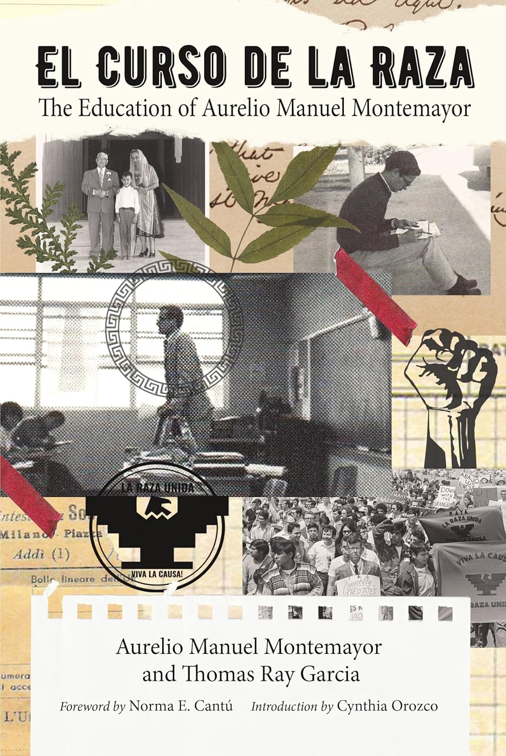 Book cover for El Curso de la Raza: The Education of Aurelio Manuel Montemayor, featuring black-and-white photos of people, educational scenes, and decorative graphics, with bilingual titles in Spanish and English.