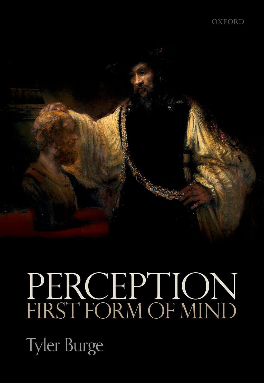 Book cover for Perception: First Form of Mind by Tyler Burge, featuring a classical painting of a man in dark clothing with a feathered hat, standing beside a seated figure, with bold white text overlay.