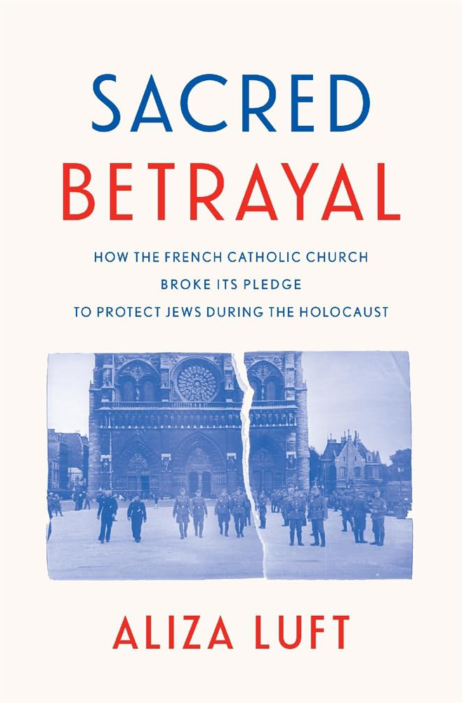 Sacred Betrayal book cover, which features a white background and a blue and grey photograph ripped down the middle.