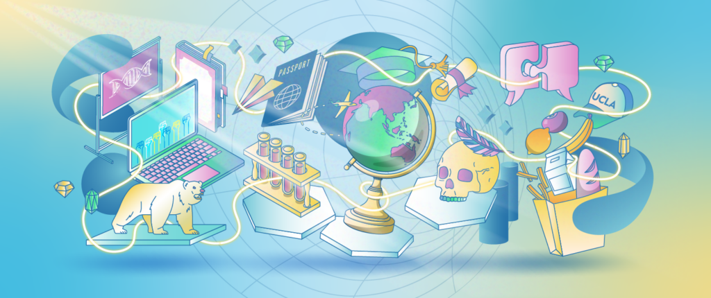 An illustration of the Bruin bear, laptop, presentation board of DNA, books, passport, test tubes, globe, graduation cap and diploma, puzzle speech bubbles, UCLA cap, a bag of groceries, and a skull in front of a blue and yellow background.