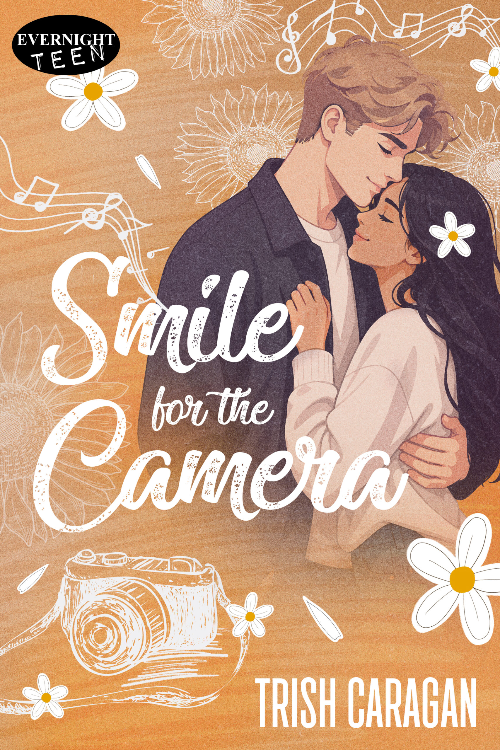 An illustration of a man and woman embracing with the text Smile for the Camera by Trish Caragan