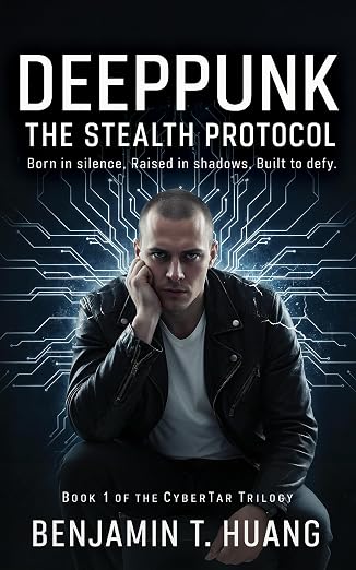 cover of DeepPunk: The Stealth Protocol with a man in a leather jacket in front of a cyber background