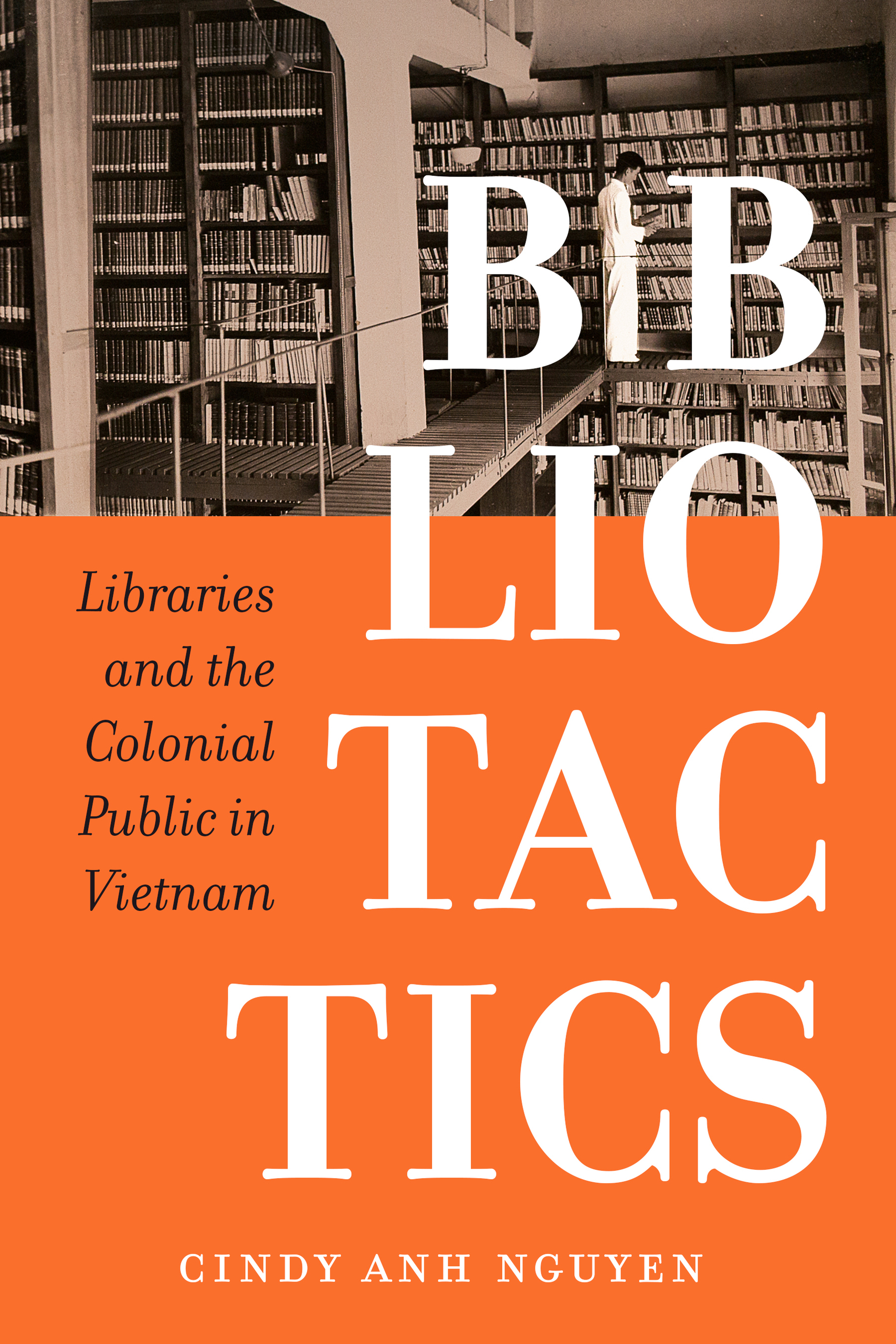 Bibliotactics book cover with image of a person in a library