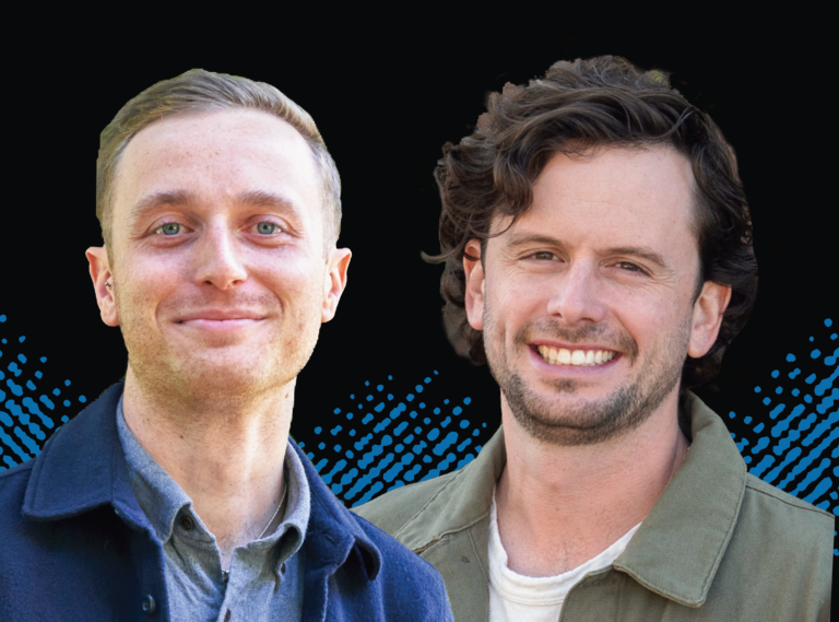 Promotional image for the "Cabinet of Curiosities" podcast episode "Bat Boy(s)," featuring two smiling people — Joey Curti and Aaron Lemle — on a dark background.