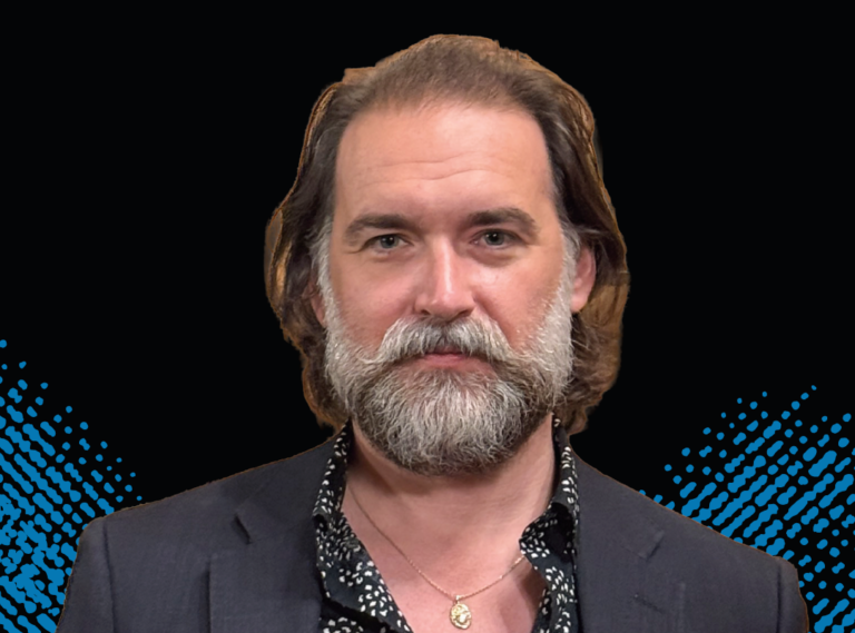 Graphic showing Derek Christian Quezada Meneses, in a black-and-white patterned shirt in front of a black background.