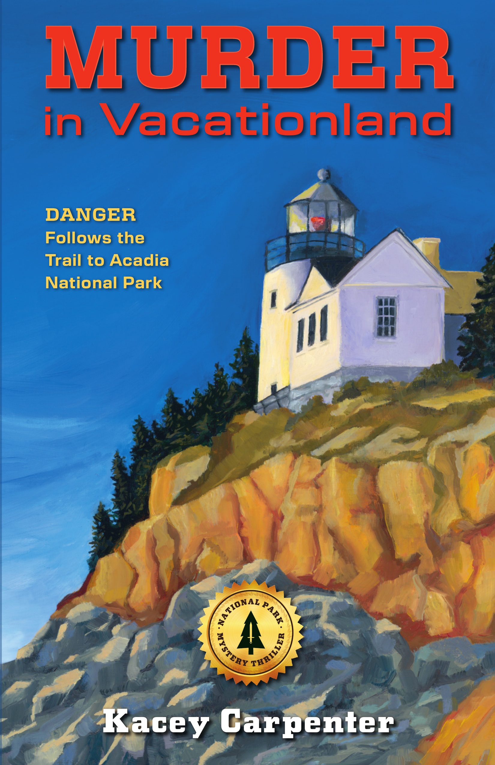 book cover for Murder in Vacationland featuring a cliffside house